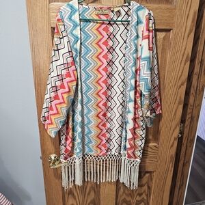 Colorful Chevron Patterned Kimono with Fringe